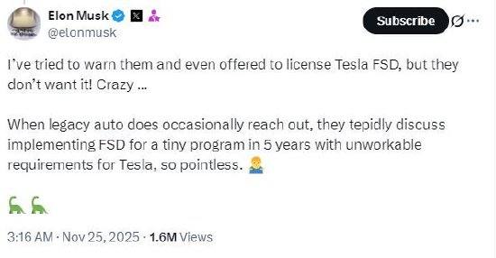 全球首富马斯克吐槽传统车企不愿使用特斯拉的FSD技术:他们不想要,简直疯了!一旦不使用FSD,你就死定了