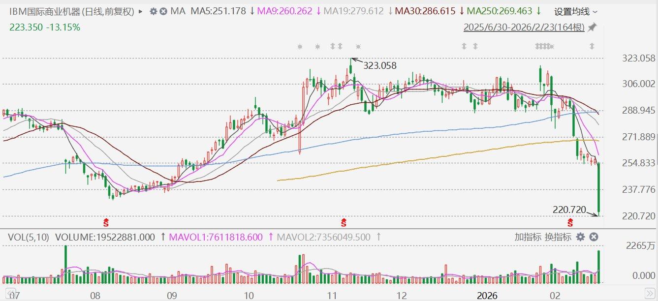 美股异动丨IBM放量收跌超13%，数据业务或受Anthropic颠覆